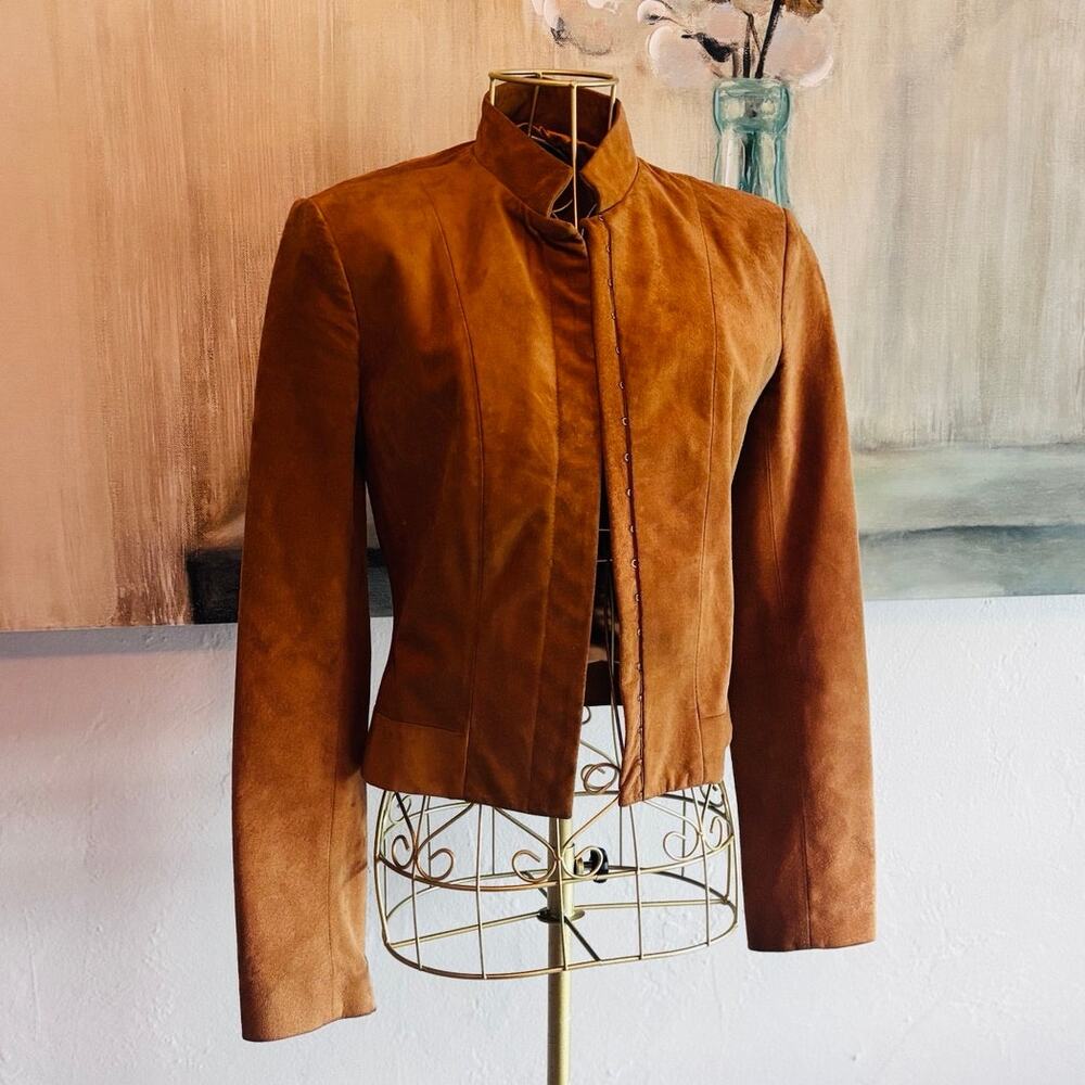 BCBG Max Azria 100% Suede Leather Cropped Jacket Camel Tan Size 0 Moto